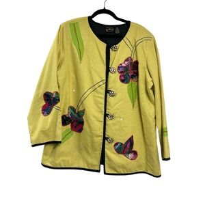 Allure Floral Applique Art to Wear Jacket 1X Yellow Cotton Rayon Vintage Boho